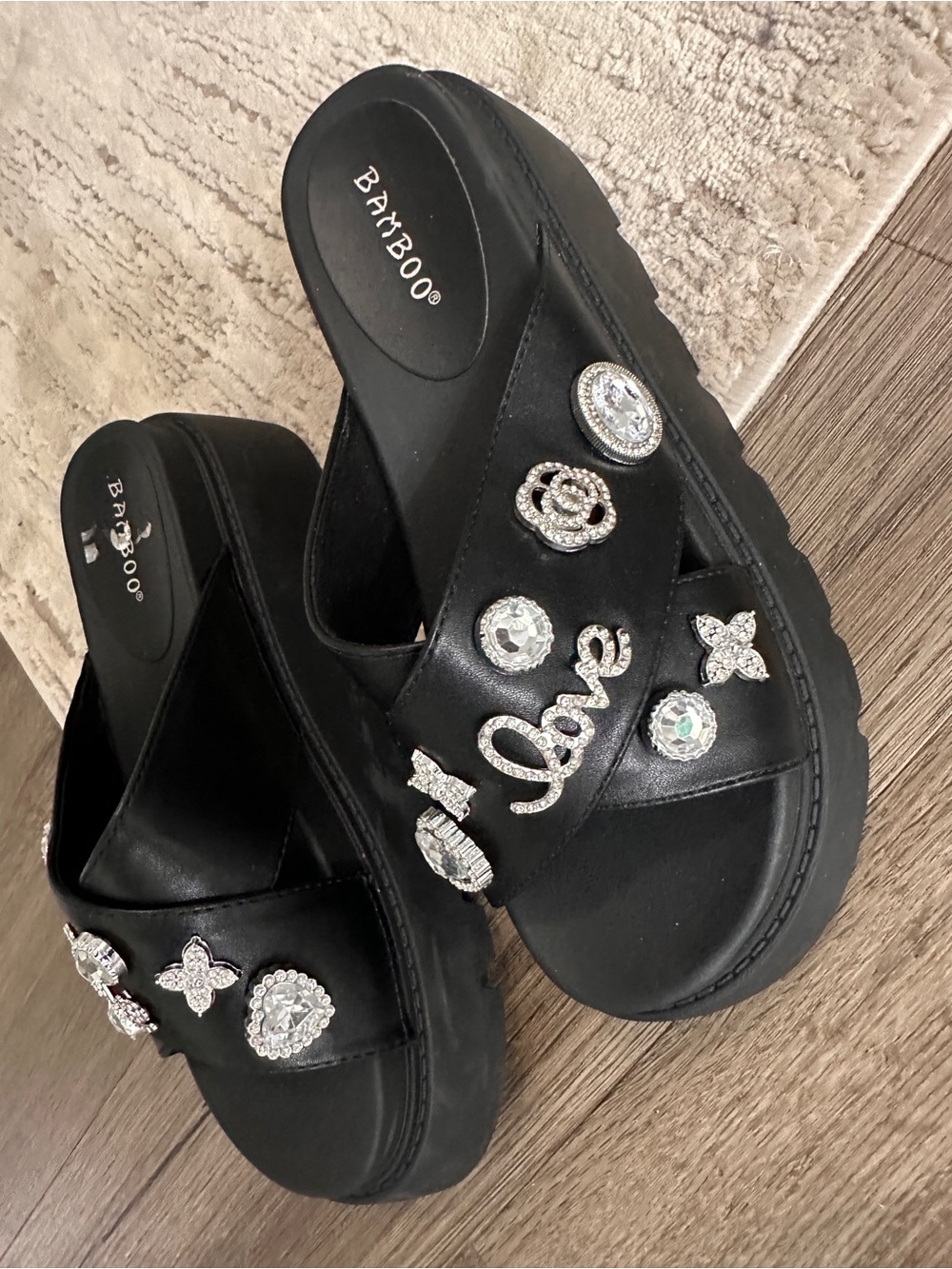 BAMBOO Black Jeweled Platform Slide Mules